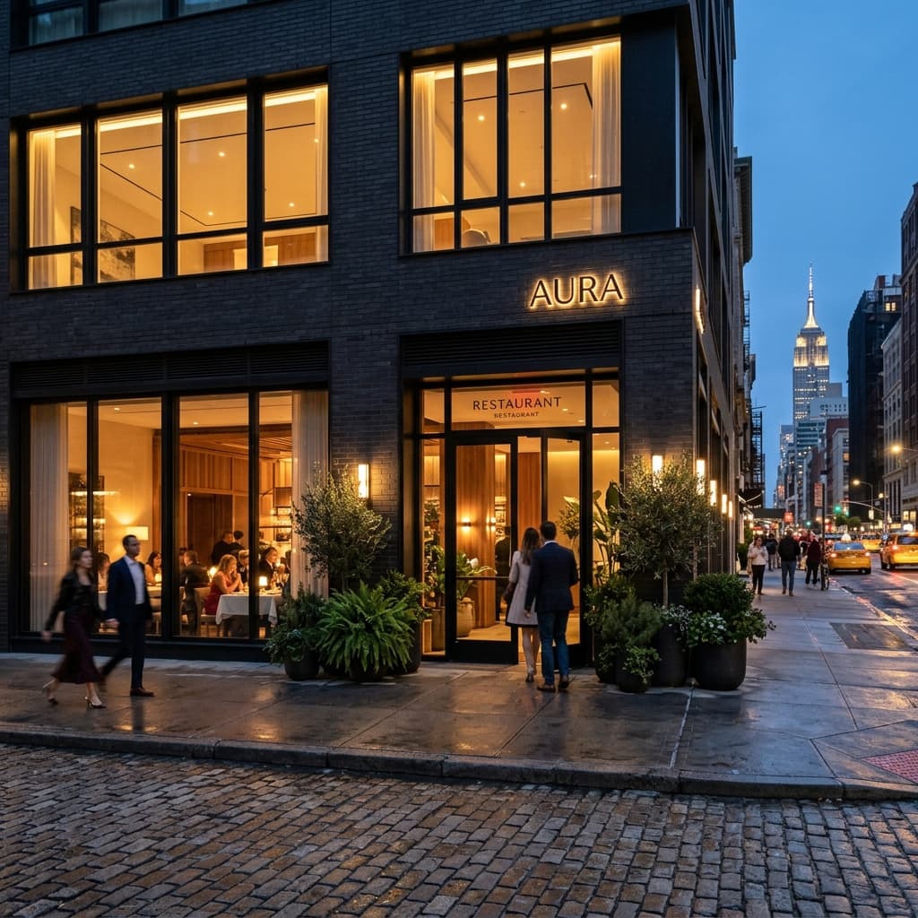 NORI restaurant exterior at twilight