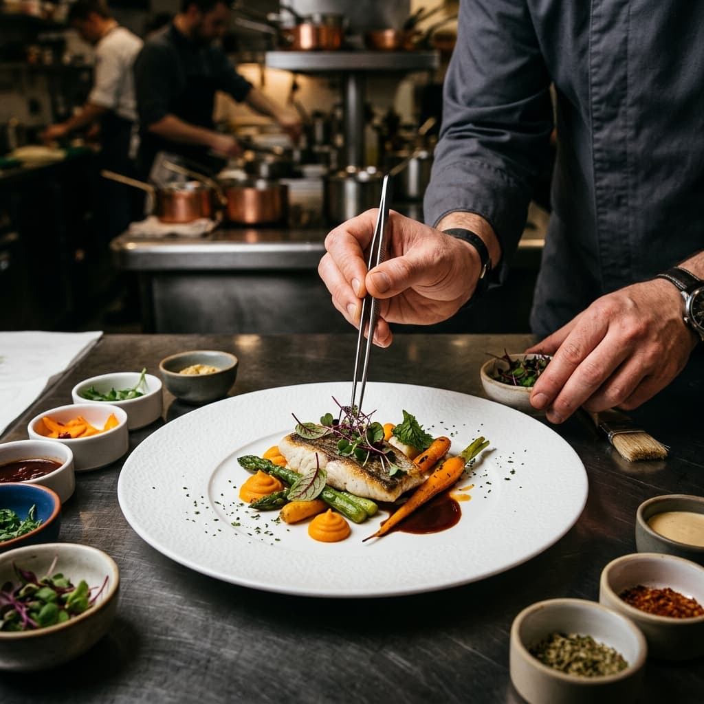 Chef plating a dish with precision
